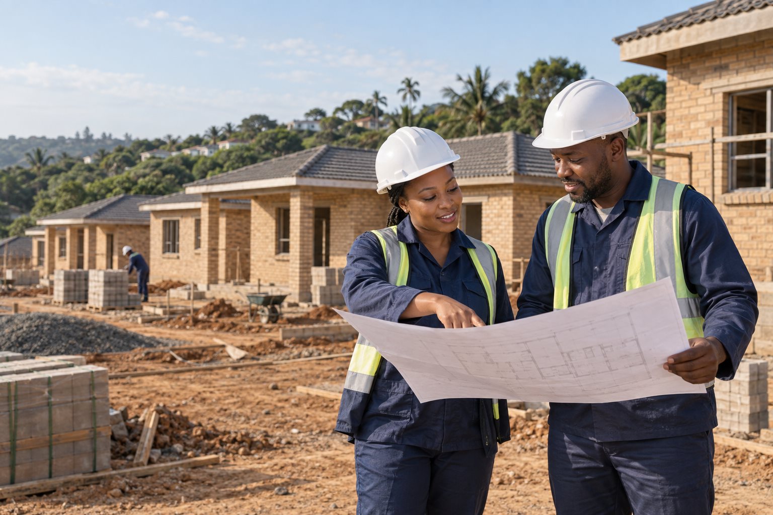 Illustrative scene of an architect and building supervisor reviewing a plan